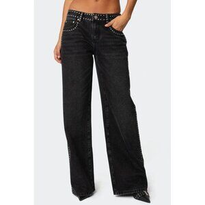 Edikted Women’s Quincy Studded Low Rise Jeans Wide Leg Black Size S